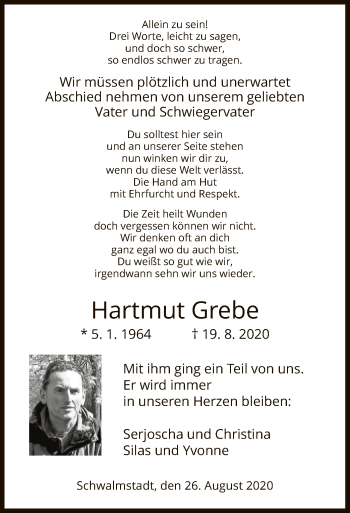 Traueranzeige von Hartmut Grebe von HNA