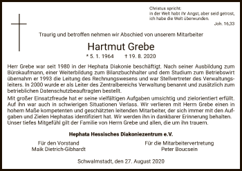 Traueranzeige von Hartmut Grebe von HNA