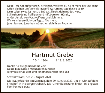 Traueranzeige von Hartmut Grebe von HNA