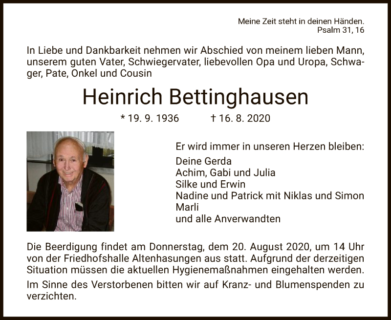  Traueranzeige für Heinrich Bettinghausen vom 19.08.2020 aus HNA