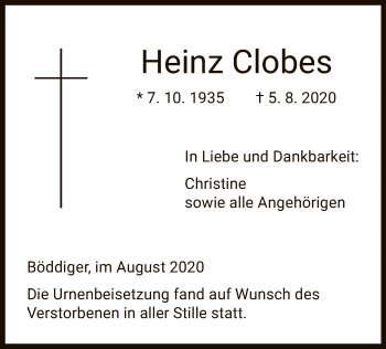 Traueranzeige von Heinz Clobes von HNA