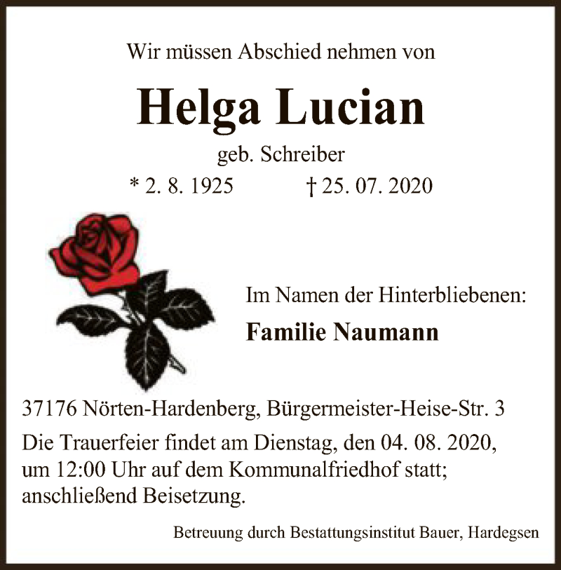  Traueranzeige für Helga Lucian vom 01.08.2020 aus HNA