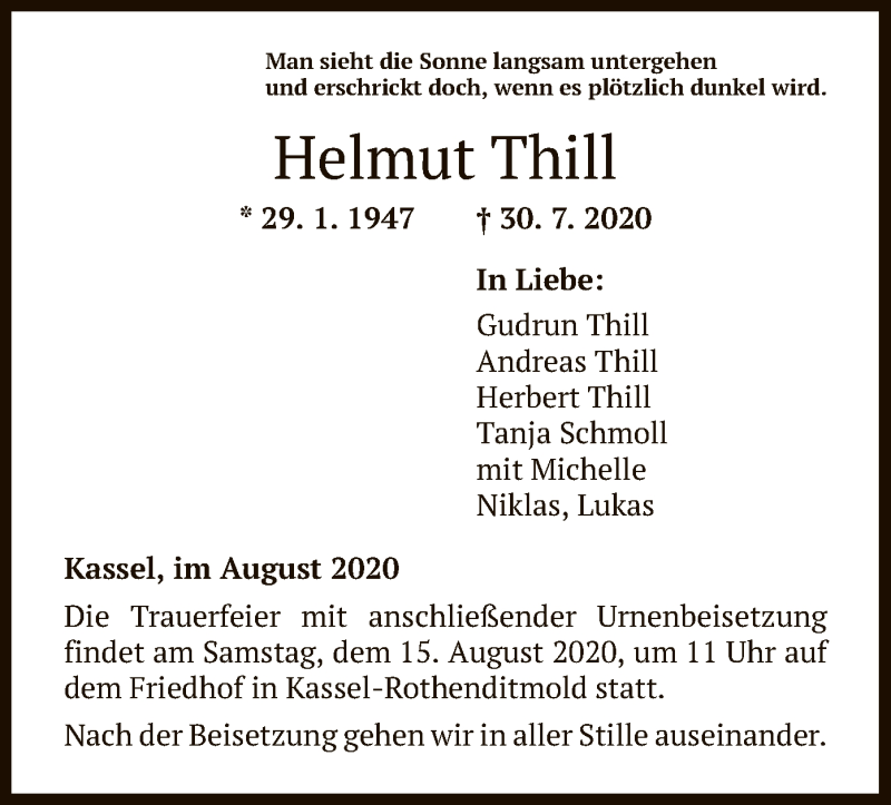  Traueranzeige für Helmut Thill vom 12.08.2020 aus HNA