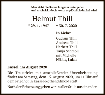Traueranzeige von Helmut Thill von HNA