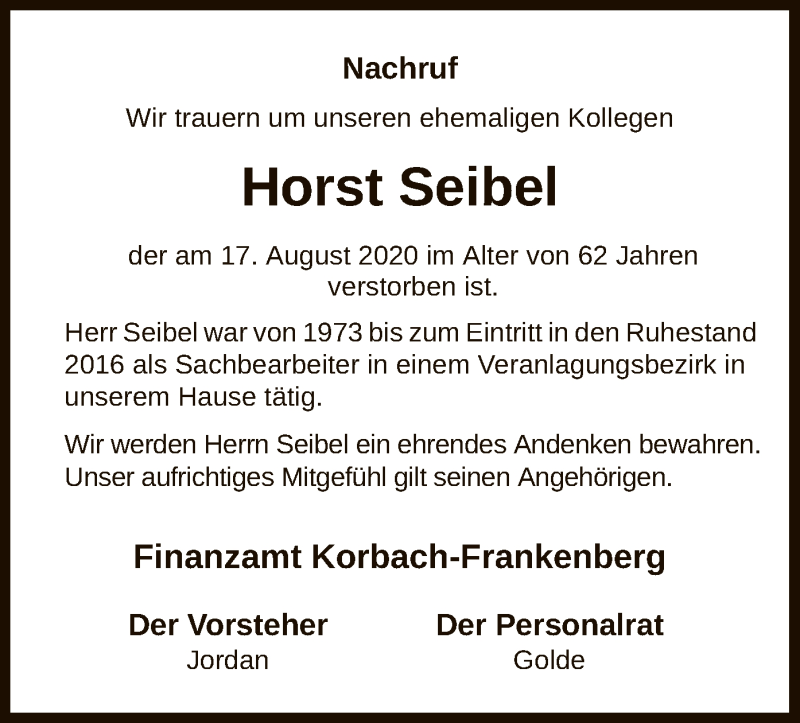  Traueranzeige für Horst Seibel vom 21.08.2020 aus HNA