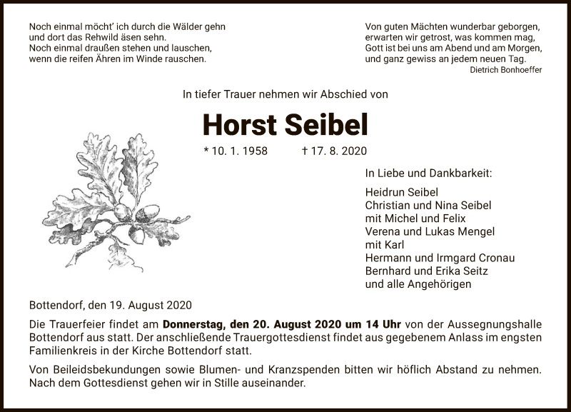  Traueranzeige für Horst Seibel vom 19.08.2020 aus HNA