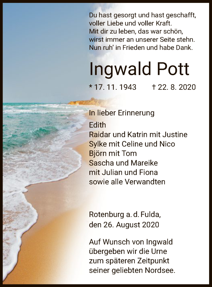  Traueranzeige für Ingwald Pott vom 26.08.2020 aus HNA