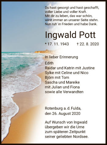 Traueranzeige von Ingwald Pott von HNA