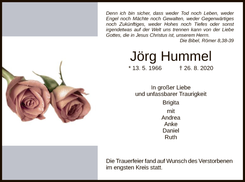 Traueranzeige für Jörg Hummel vom 29.08.2020 aus HNA