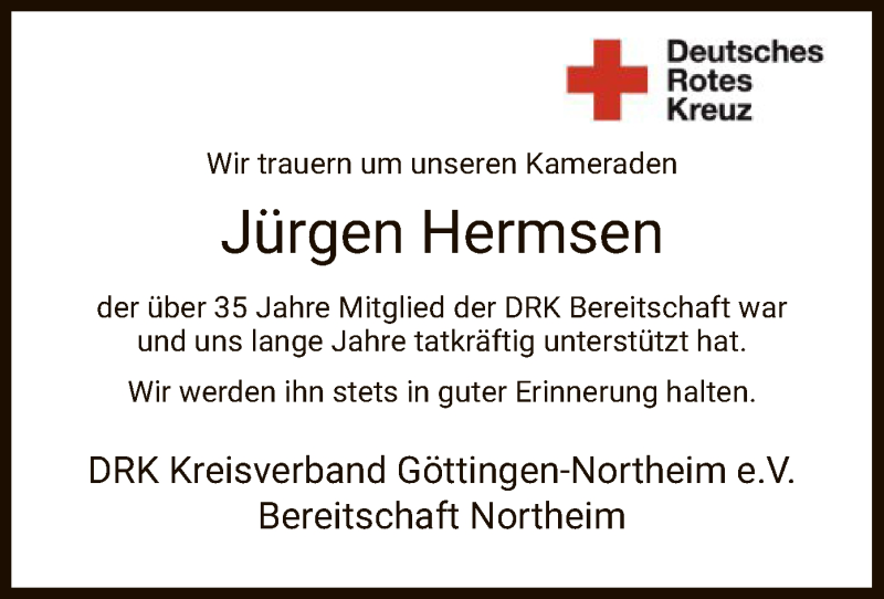  Traueranzeige für Jürgen Hermsen vom 05.08.2020 aus HNA