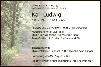 Traueranzeige von Karl Ludwig von HNA