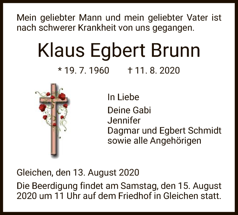  Traueranzeige für Klaus Egbert Brunn vom 13.08.2020 aus HNA