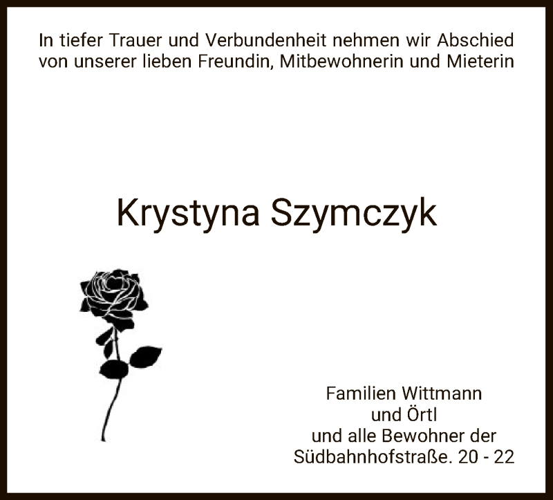  Traueranzeige für Krystyna Szymczyk vom 22.08.2020 aus HNA