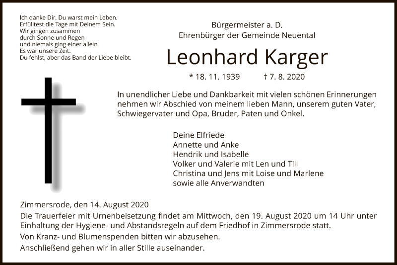 Traueranzeige für Leonhard Karger vom 14.08.2020 aus HNA