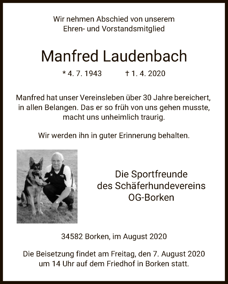  Traueranzeige für Manfred Laudenbach vom 04.08.2020 aus HNA