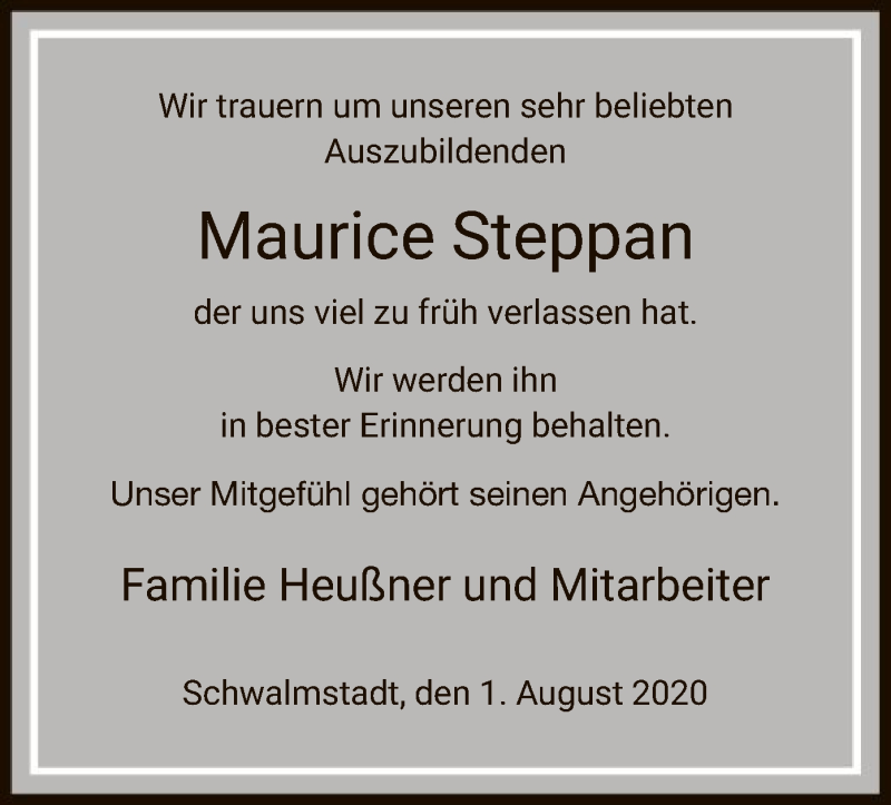  Traueranzeige für Maurice Steppan vom 01.08.2020 aus HNA