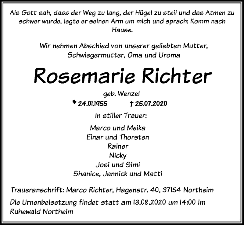  Traueranzeige für Rosemarie Richter vom 01.08.2020 aus HNA