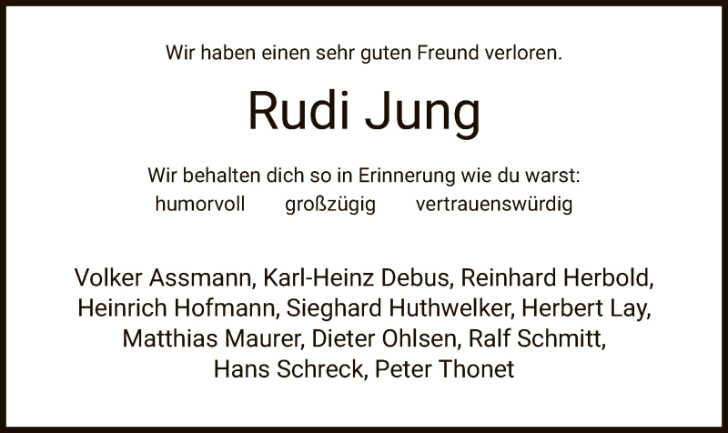  Traueranzeige für Rudi Jung vom 22.08.2020 aus HNA