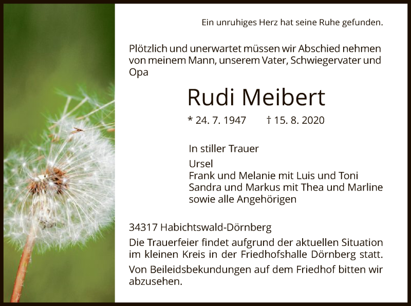  Traueranzeige für Rudi Meibert vom 22.08.2020 aus HNA