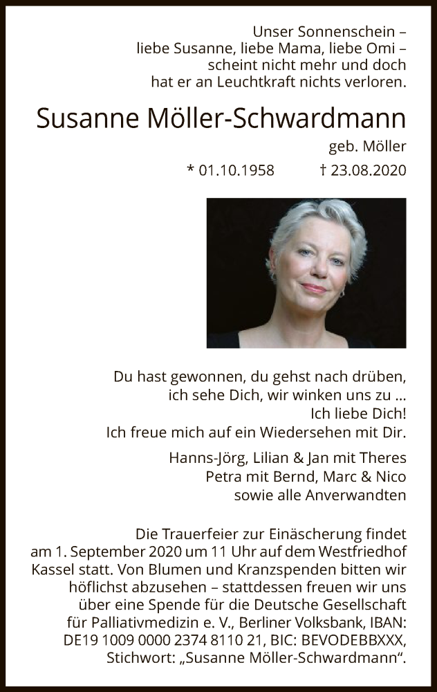  Traueranzeige für Susanne Möller-Schwardmann vom 29.08.2020 aus HNA