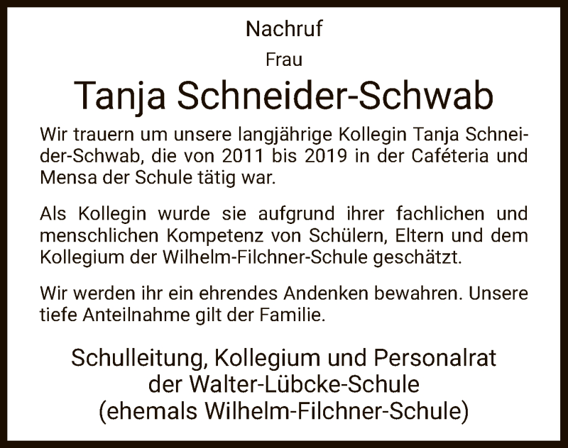  Traueranzeige für Tanja Schneider-Schwab vom 15.08.2020 aus HNA