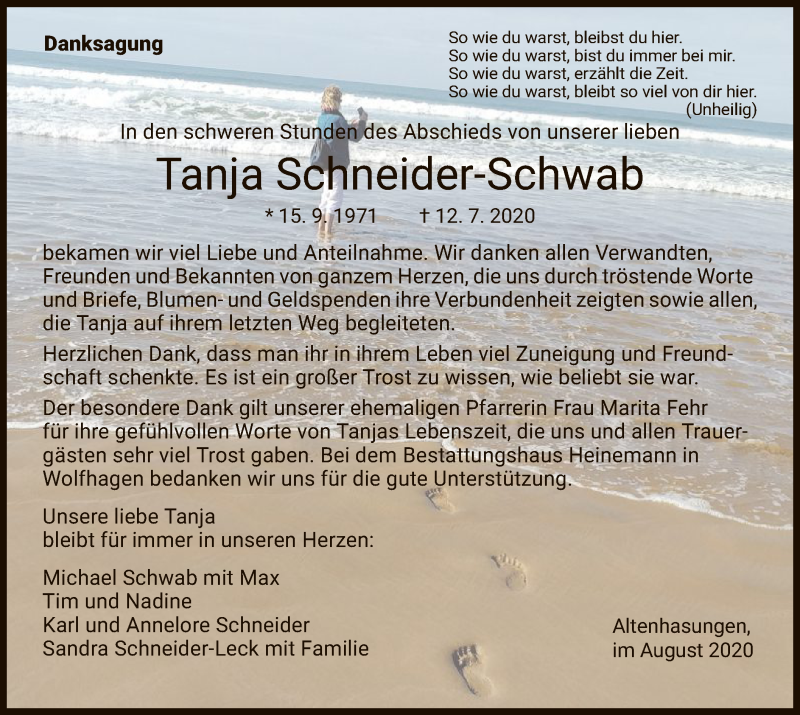  Traueranzeige für Tanja Schneider-Schwab vom 15.08.2020 aus HNA