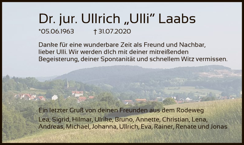  Traueranzeige für Ullrich Laabs vom 07.08.2020 aus HNA