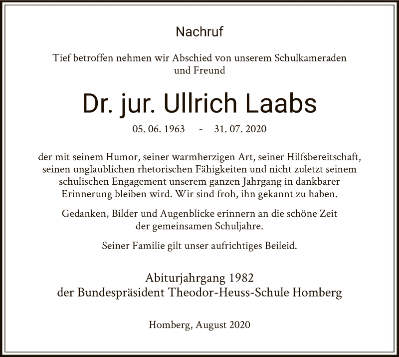  Traueranzeige für Ullrich Laabs vom 08.08.2020 aus HNA