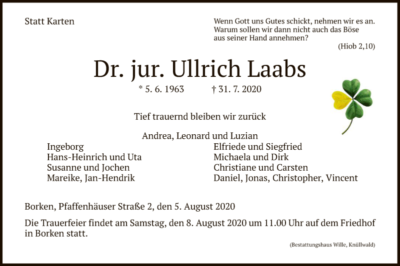  Traueranzeige für Ullrich Laabs vom 05.08.2020 aus HNA