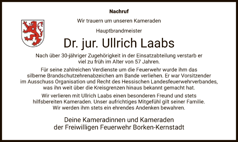  Traueranzeige für Ullrich Laabs vom 06.08.2020 aus HNA