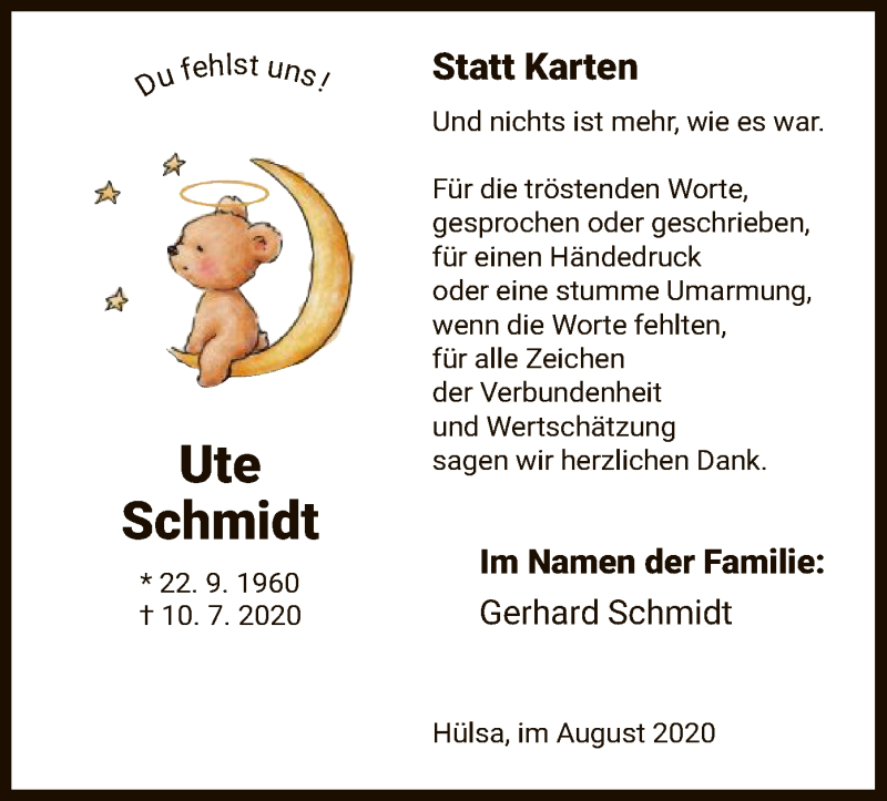  Traueranzeige für Ute Schmidt vom 01.08.2020 aus HNA