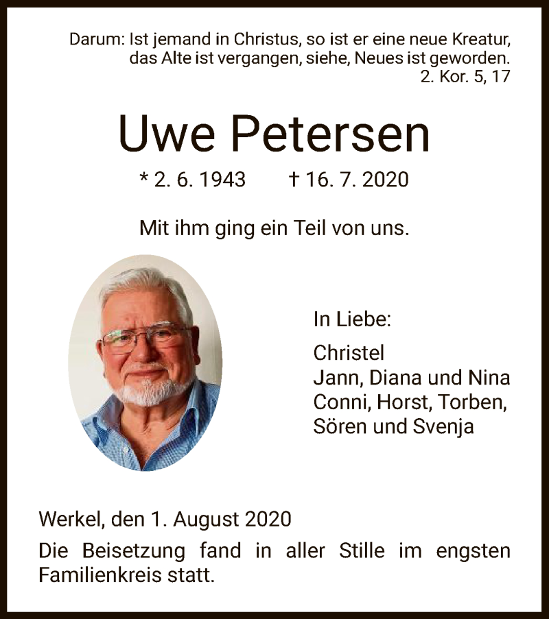  Traueranzeige für Uwe Petersen vom 01.08.2020 aus HNA