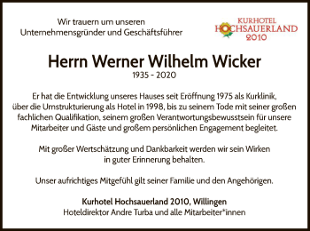 Traueranzeige von Werner Wilhelm Wicker von WLZ