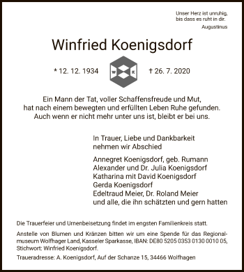 Traueranzeige von Winfried Koenigsdorf von HNA