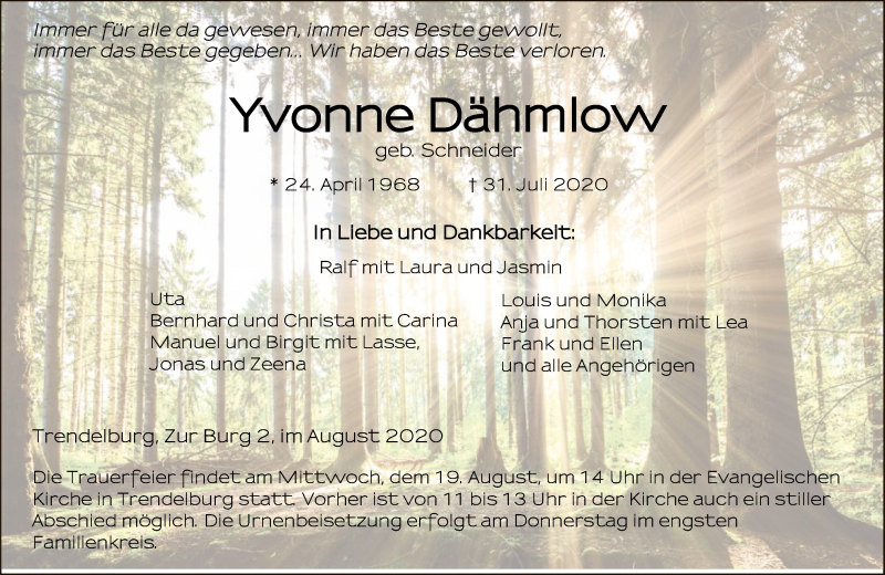  Traueranzeige für Yvonne Dähmlow vom 15.08.2020 aus HNA