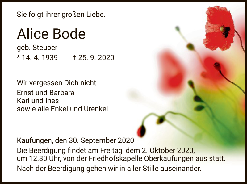  Traueranzeige für Alice Bode vom 30.09.2020 aus HNA