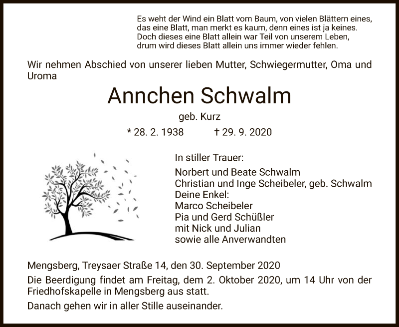  Traueranzeige für Annchen Schwalm vom 30.09.2020 aus HNA