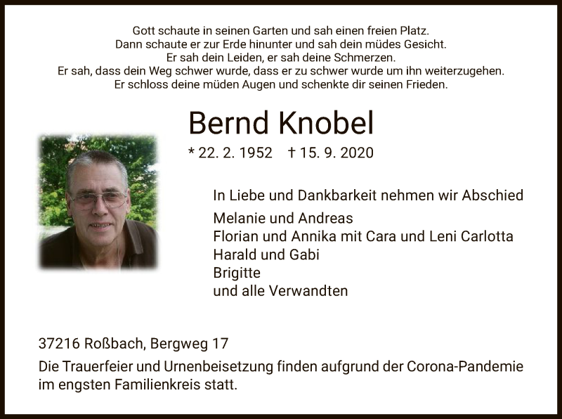  Traueranzeige für Bernd Knobel vom 19.09.2020 aus HNA
