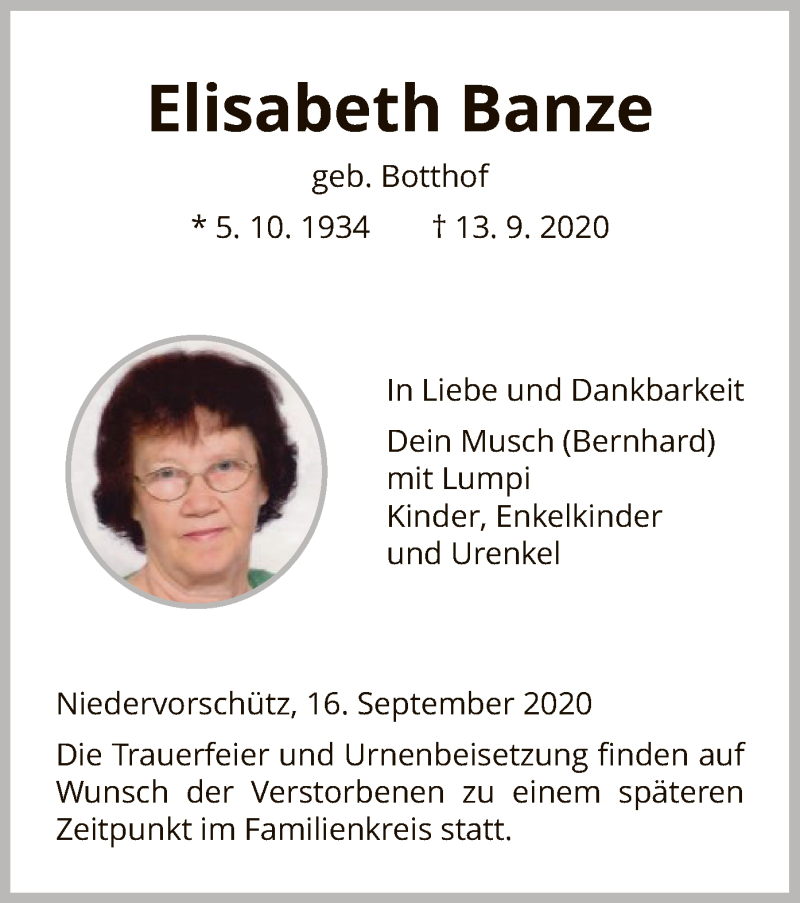  Traueranzeige für Elisabeth Banze vom 16.09.2020 aus HNA