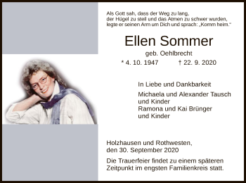 Traueranzeige von Ellen Sommer von HNA