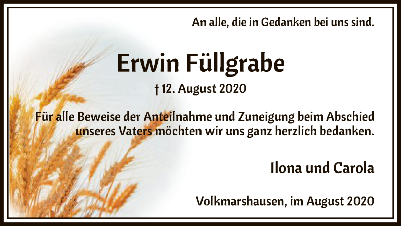  Traueranzeige für Erwin Füllgrabe vom 05.09.2020 aus HNA