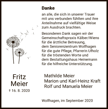 Traueranzeige von Fritz Meier von HNA