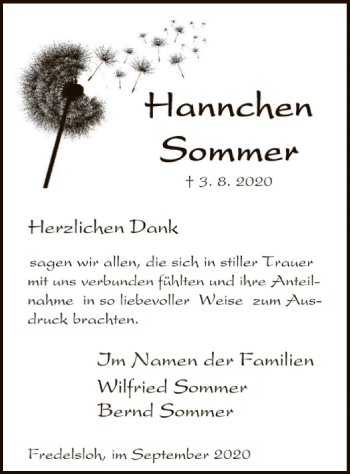 Traueranzeige von Hannchen Sommer von HNA