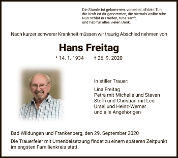 Traueranzeige von Hans Freitag von HNA