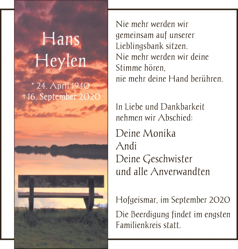  Traueranzeige für Hans Heylen vom 21.09.2020 aus HNA