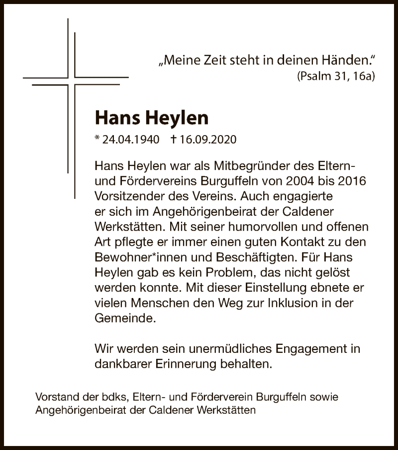  Traueranzeige für Hans Heylen vom 29.09.2020 aus HNA