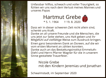 Traueranzeige von Hartmut Grebe von HNA