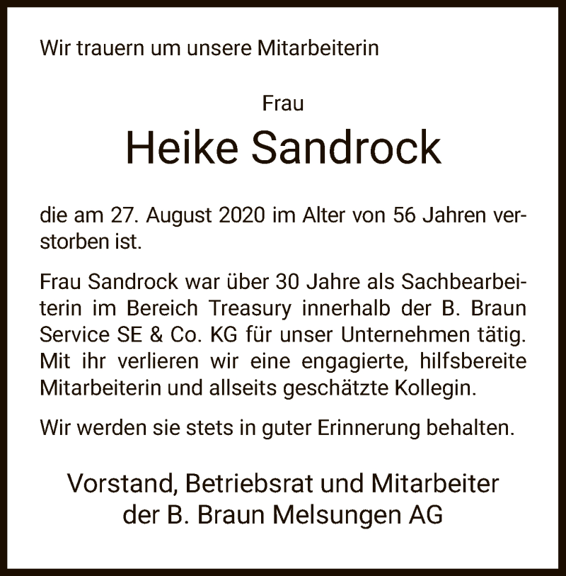  Traueranzeige für Heike Sandrock vom 18.09.2020 aus HNA