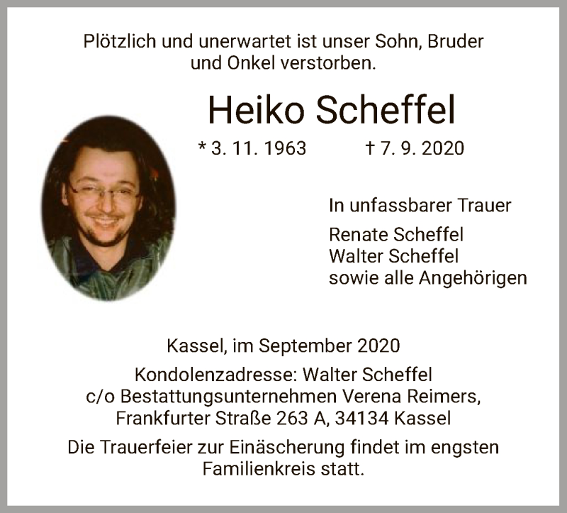  Traueranzeige für Heiko Scheffel vom 19.09.2020 aus HNA