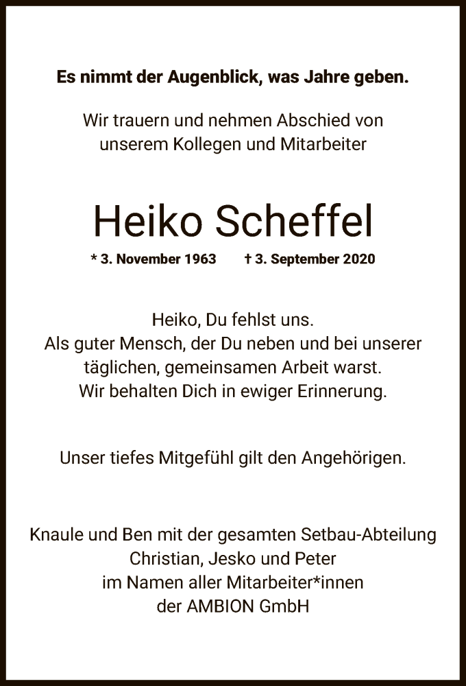 Traueranzeige für Heiko Scheffel vom 19.09.2020 aus HNA